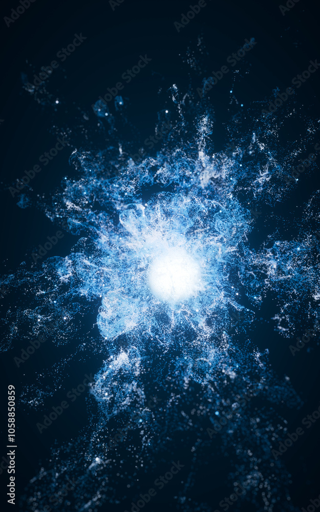 Aufkleber blue flowing particles with explosive wave effect, 3d rendering.