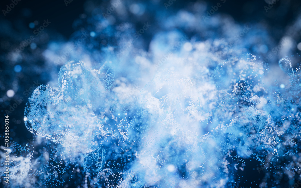 Aufkleber blue flowing particles with explosive wave effect, 3d rendering.