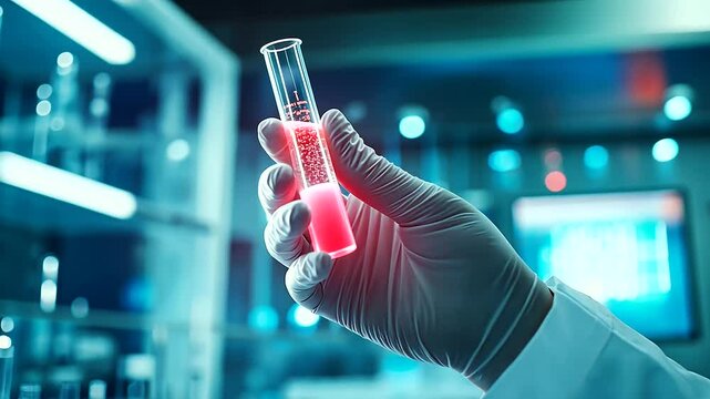 A close-up of a scientist&rsquo;s hand holding a test tube with a bacteria sample, the bright lab lights casting a glow on the glass