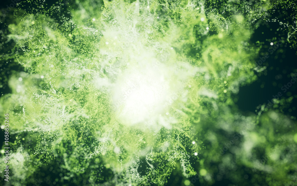 Aufkleber green flowing particles with explosive wave effect, 3d rendering.