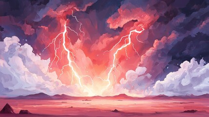 A dramatic scene depicting a vibrant sunset illuminated by lightning bolts amidst dark clouds over a barren landscape.