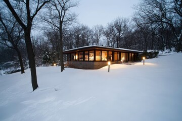 A cozy, modern house glows warmly amid snow-laden trees, creating a tranquil winter retreat under a dusky sky.