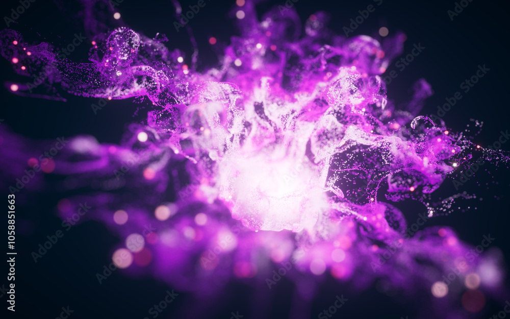Poster purple flowing particles with explosive wave effect, 3d rendering.
