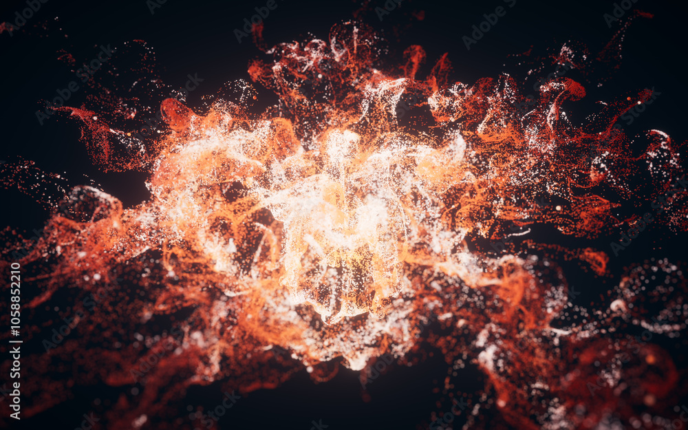 Poster red flowing particles with explosive wave effect, 3d rendering.