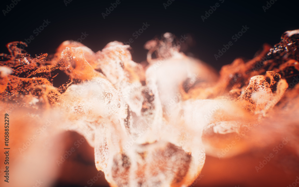 Poster red flowing particles with explosive wave effect, 3d rendering.