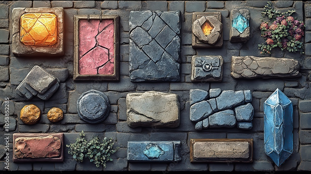 Poster stone game menu elements including buttons and frames with rocky texture