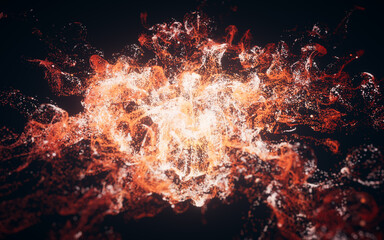 Red flowing particles with explosive wave effect, 3d rendering.