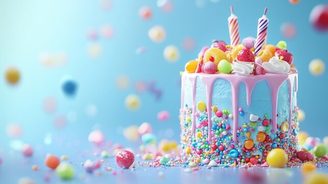 Fondant covered cake adorned with fruity pebbles creates a vibrant background, offering a sweet concept image complemented by cheerful birthday greetings. Ample copy space available.