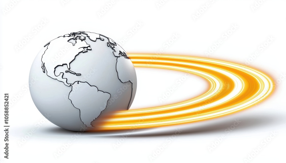Poster digital globe with high-speed light trails encircling it, symbolizing rapid global connectivity and 