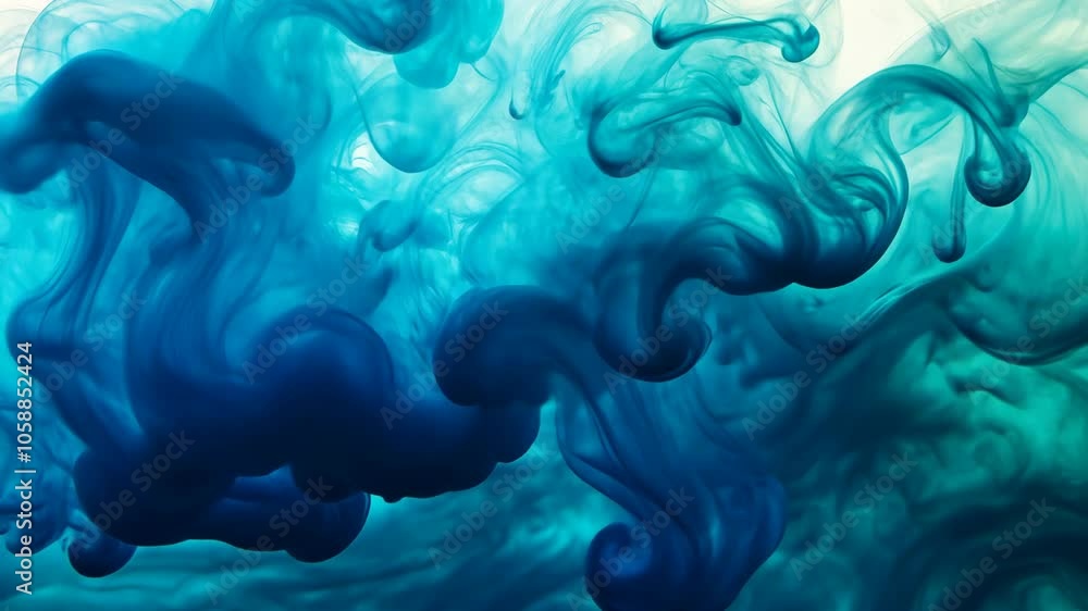 Poster blue ink swirls and mixes in a clear liquid, creating a beautiful abstract pattern