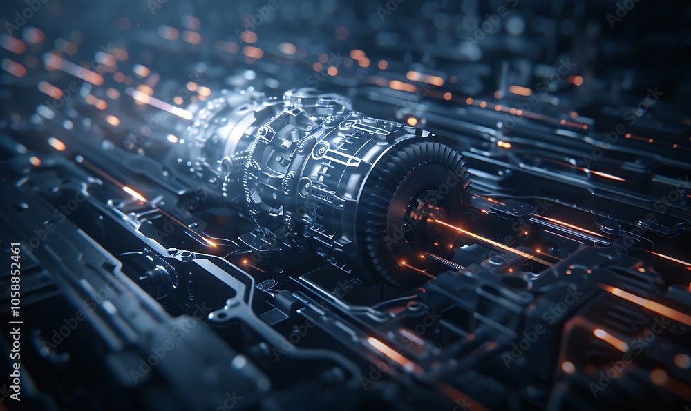 Aufkleber a futuristic, high-tech mechanical device with glowing elements set against a dark, digital backgrou
