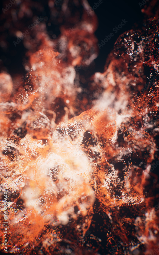 Poster red flowing particles with explosive wave effect, 3d rendering.