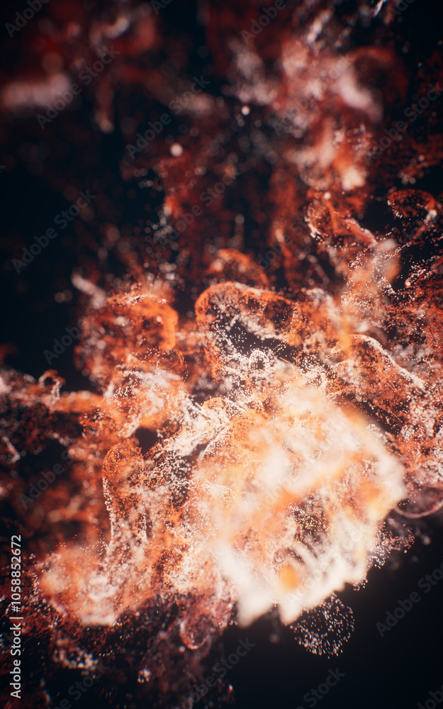 Poster red flowing particles with explosive wave effect, 3d rendering.