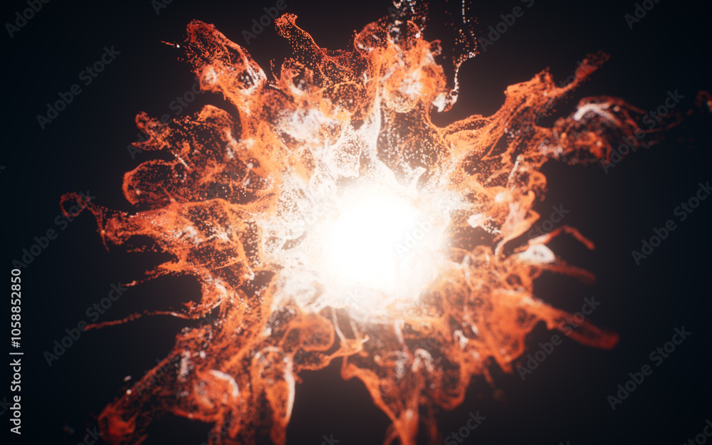 Poster red flowing particles with explosive wave effect, 3d rendering.
