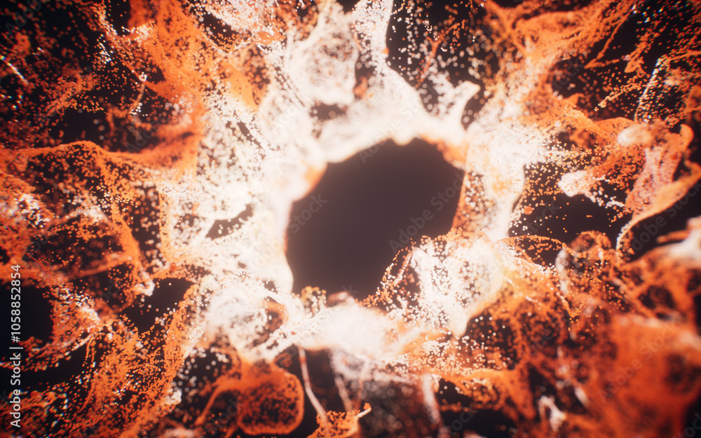 Poster red flowing particles with explosive wave effect, 3d rendering.