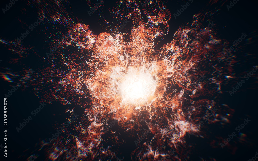 Poster red flowing particles with explosive wave effect, 3d rendering.