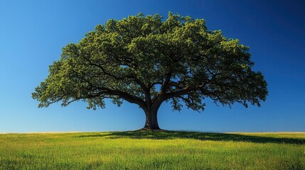 Obraz premium majestic live oak tree stands isolated against a clear blue sky, showcasing its sprawling branches and lush green leaves. the image reflects strength, resilience, and a deep connection to nature