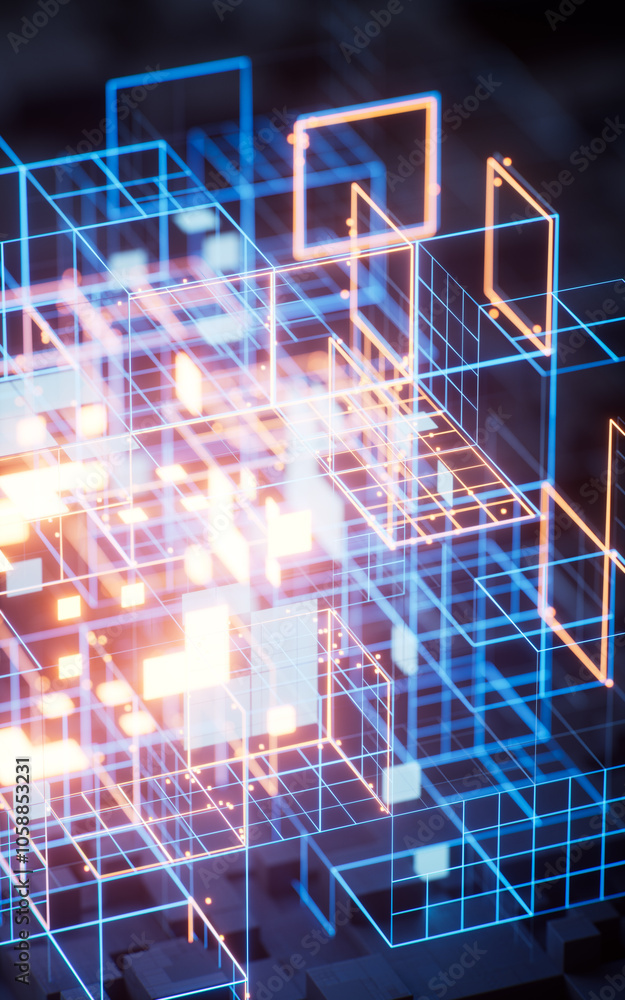 Poster digital cyberspace with glowing cross lines, 3d rendering.