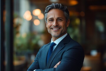 Smiling Mature Businessman Headshot - Arms Crossed, Window View