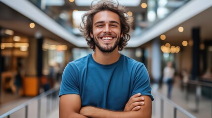 Fototapeta premium Smiling young man with curly hair wearing a blue shirt indoors, standing in a modern building hallway with blurred background and bright lights.