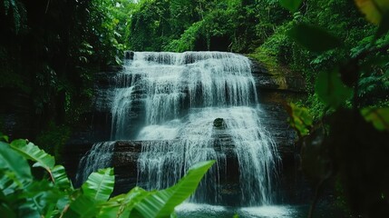 Captivating waterfall cascades through a vibrant rainforest, surrounded by lush green foliage, highlighting the natural beauty. Ideal for nature-inspired themes with ample copy space.