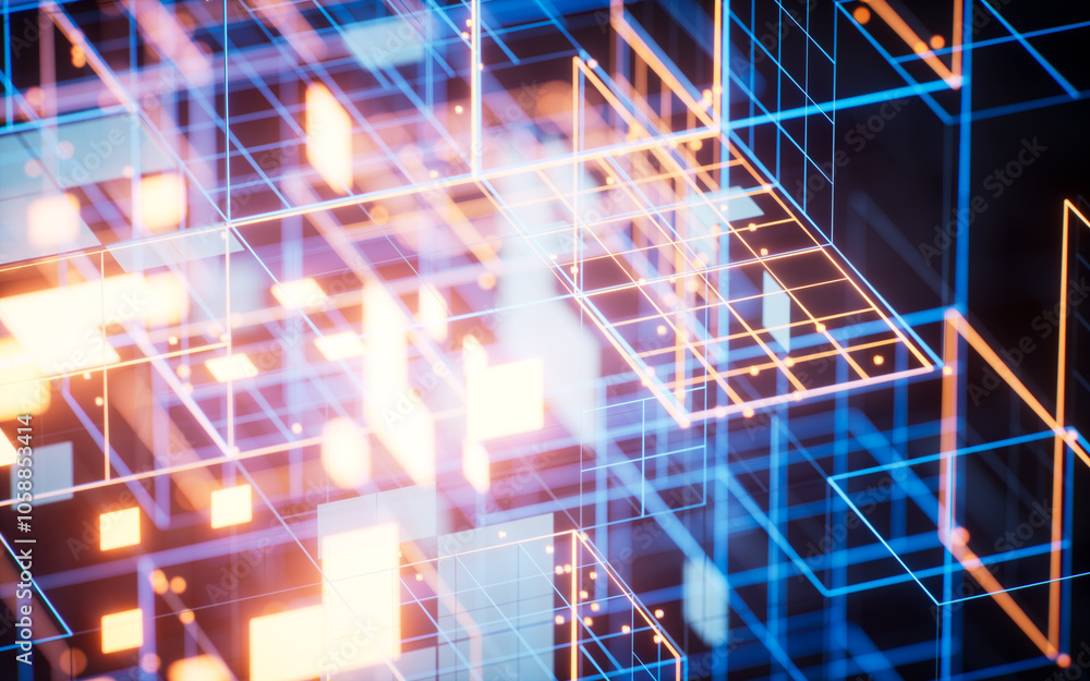 Poster digital cyberspace with glowing cross lines, 3d rendering.