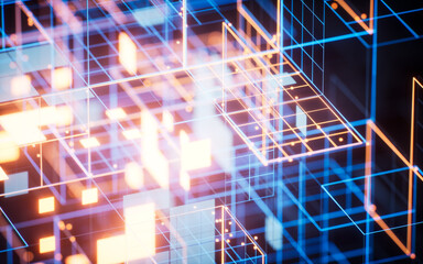 Digital cyberspace with glowing cross lines, 3d rendering.