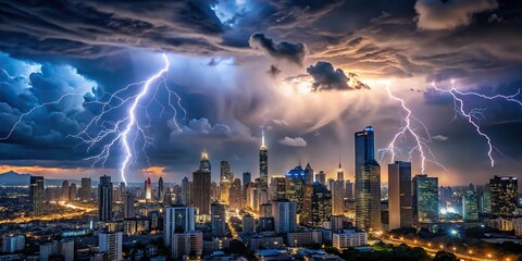 thunderstorm over city skyline with lightning and skyscrapers during heavy storm