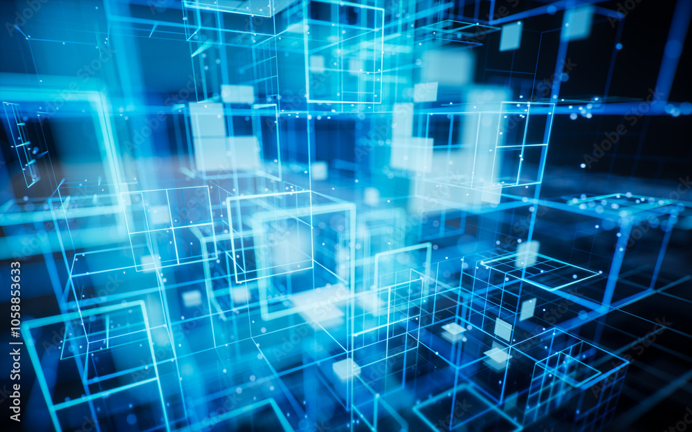 Poster digital cyberspace with glowing cross lines, 3d rendering.