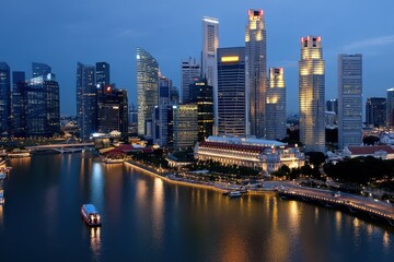 Fototapeta premium A stunning nightscape features a city skyline, where illuminated skyscrapers reflect on a tranquil river, portraying urban elegance.