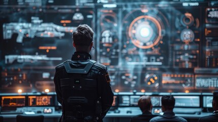 A soldier in a tactical vest stands in front of a large screen filled with digital information about military technology