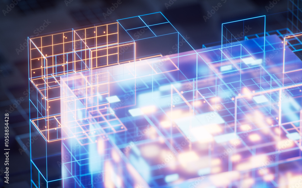 Poster digital cyberspace with glowing cross lines, 3d rendering.