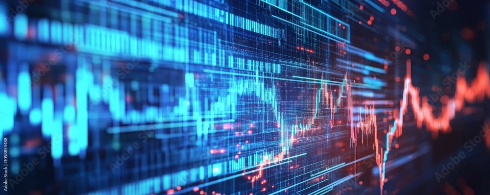 Poster abstract digital data visualization with blue and red lines