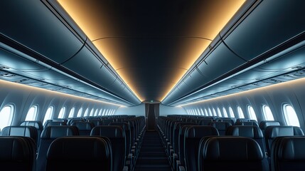 Fototapeta premium The aisle between rows of passenger seats aboard an international aircraft is captured, showing the interior layout