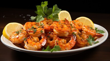 A plate of cooked shrimp with lemon wedges and parsley on a wooden table.