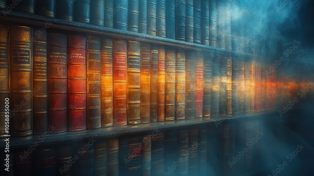 Poster the blurred image of old books on library shelf reflects the vast world of knowledge and stories