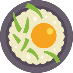 Simple vector icon of fried egg with chives on a plate, classic breakfast food, minimalist colorful illustration