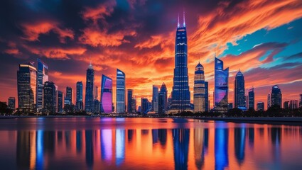 Fototapeta premium Sunset over a reflective cityscape, skyscrapers glowing against orange and blue skies