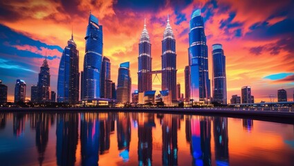 Fototapeta premium City skyline with modern buildings at sunset, reflecting on the calm water below