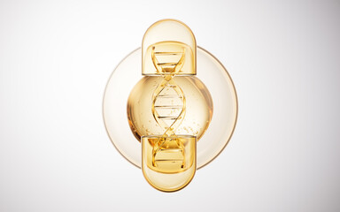 Medical capsule with golden bubbles background, 3d rendering.