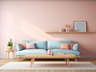 Modern interior living room design in pastel pink and blue colour