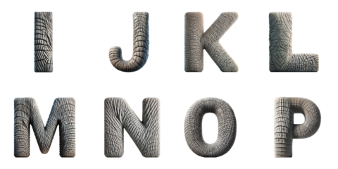 Typography Design with Elephant Texture: Stylized Alphabet Letters I, J, K, L, M, N, O, P with Elephant Skin Texture
