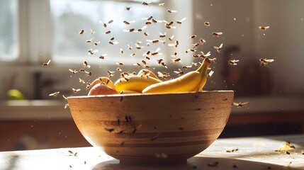 Swarm of Gnats Hovering Around Overripe Fruit Bowl in Kitchen Pest Concept Copy Space