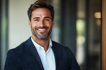 Naklejka premium Smiling Professional Man in Suit Headshot - Bright Background