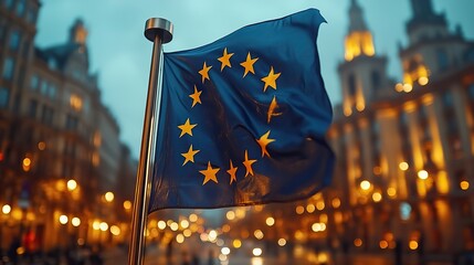 The flag of the European Union waving in front of the European Parliament building at night, representing Europe Day celebrations or elections, perfect for posters, banners, or European dreams