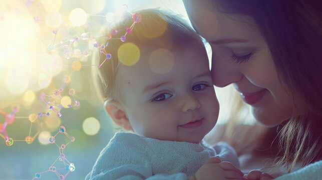 A mother and baby, with an overlay of oxytocin's role in bonding and emotional connection