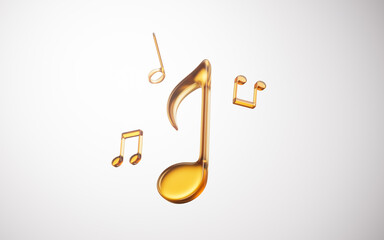 Golden glass music notes with white background, 3d rendering.