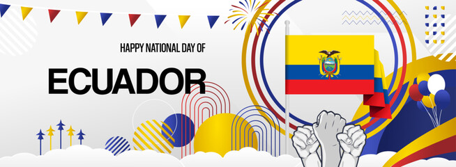 Ecuador independence day festive banner. Vibrant modern templates for holiday celebration, greeting card, billboard, and sport event backdrops. August 10th. Happy national day of Ecuador