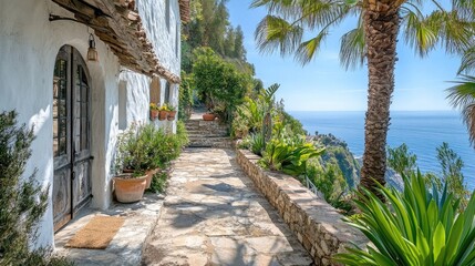 A stone pathway leads to a white-washed building with a wooden door, offering a breathtaking view of the ocean and palm trees.