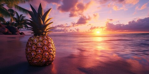 A pineapple rests on a picturesque tropical beach during the breathtaking moments of sunset, capturing the beauty of nature in that serene setting.